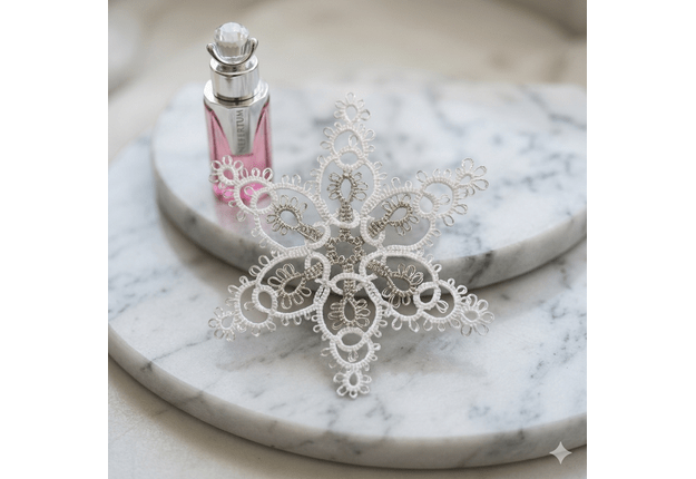 Luxury Handcrafted "Frivolite" Snowflake Set (6 pcs) – Silver-Threaded Lace