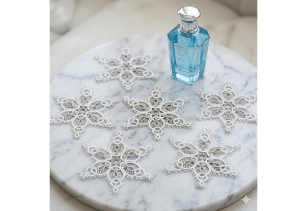 Luxury Handcrafted "Frivolite" Snowflake Set (6 pcs) – Silver-Threaded Lace 1